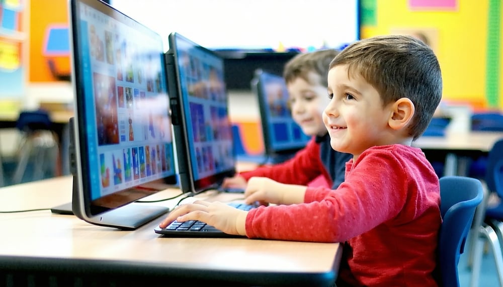 Children using adaptive digital learning tools in a classroom