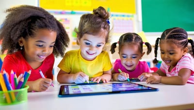 Illustration of diverse children using adaptive digital tools in a vibrant classroom setting